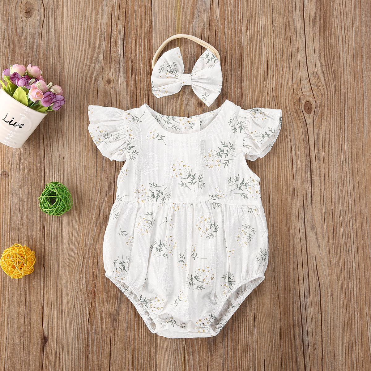 Floral Linen Romper with Matching Headband